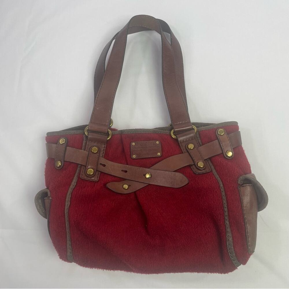 FOSSIL Adrina Red Wool Brown Leather Trim Handbag